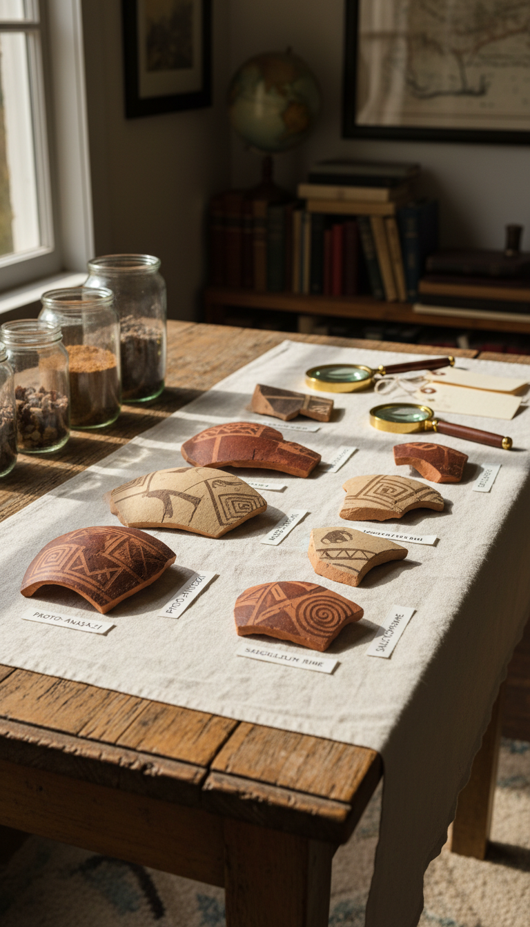 A collection of labeled indigenous pottery shards in rich russet, cream, and deep brown hues, each fragment showing unique carved patterns and ancient hand-painted motifs. The pottery pieces rest on a clean linen cloth atop a weathered wooden table, with magnifying glasses and artifact tags arranged carefully beside them. The scene is set within a cozy, softly lit study, sunlight streaming through a nearby window and casting intricate shadows through glass jars filled with soil samples. The atmosphere is studious and inviting, ideal for a society devoted to archaeological research. Framed in a slightly elevated angle with the rule of thirds, the image keeps the fragments in crisp focus, beautifully capturing both detail and context. The overall style is photographic realism with a clean, contemplative aesthetic that encourages curiosity and appreciation for preservation work.