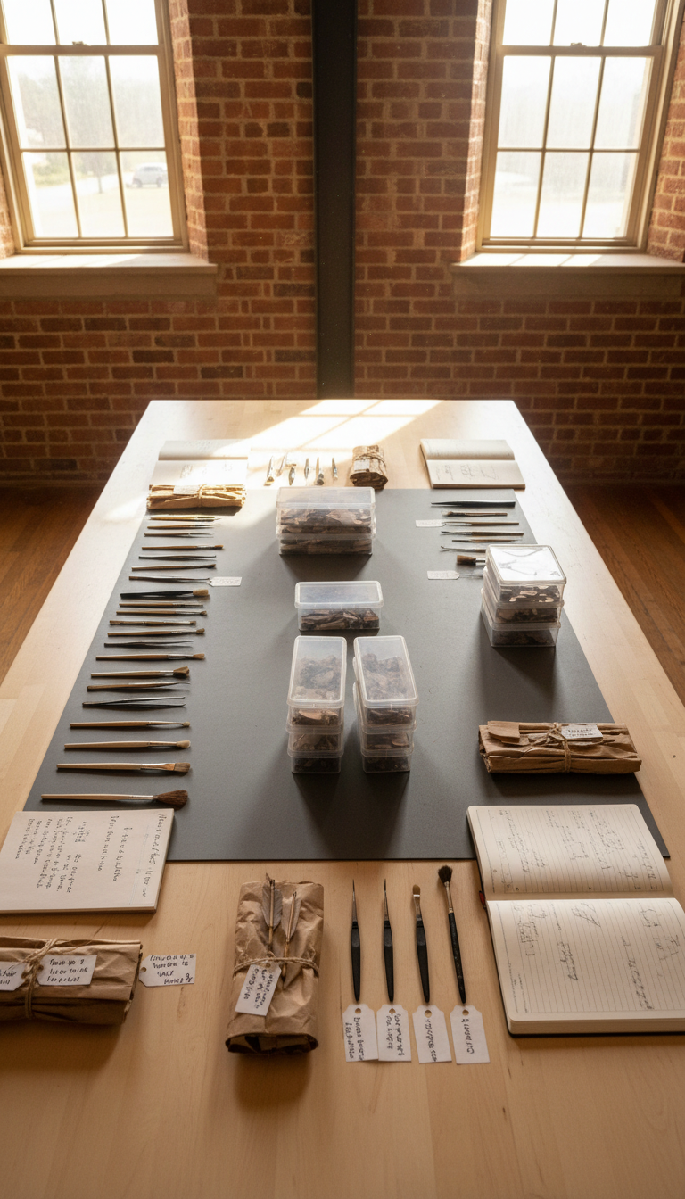 A meticulously organized conservation workspace displaying a variety of cleaning tools, brushes, tweezers, and labeled storage boxes, all arranged on a pale wooden table covered with a neat archival mat. Surrounding the workspace are open field notebooks and carefully wrapped ancient arrowheads and pottery shards, each tagged for cataloguing. The environment is an airy community room with exposed brick and sunbeams pouring in through large windows, illuminating motes of dust and casting soft, golden light across the workspace. The scene is photographed from an overhead bird’s eye view, emphasizing symmetry and cleanliness. The atmosphere is industrious and hopeful, reflecting the society’s passion for preservation. The artistic style is clean and modern yet rooted in realism, ideal for illustrating careful artifact conservation efforts to a broad audience.